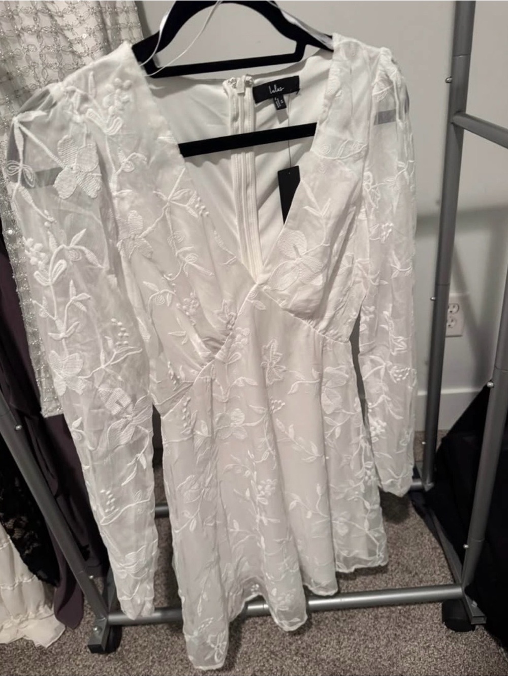 Lulu's White Long Sleeve Embroidered V-Neck Mini Dress